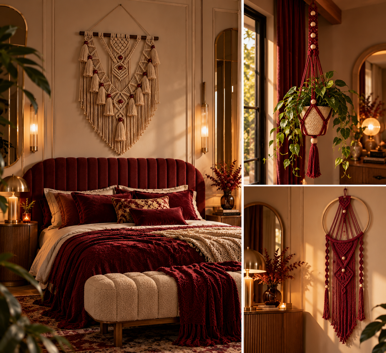 Druhý příklad interiéru ve stylu boho a Art Deco s vínovými a béžovými macramé dekoracemi